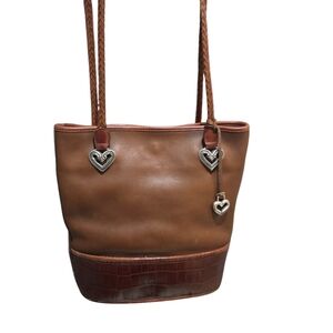 Brighton Brown Leather Bucket Purse Shoulder Croc Bag Silver Heart Hang Fob VTG